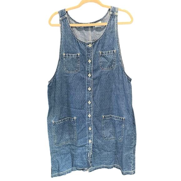 Vintage 90s Denim Polka Dot Boxy Apron Dress Classic Preppy 90s Minimalist - Picture 2 of 10